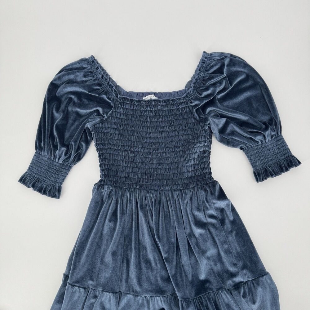 Baltic Born Velvet Midi Dress Blue Smocked Square Neck Puff Sleeve Tiered Size S